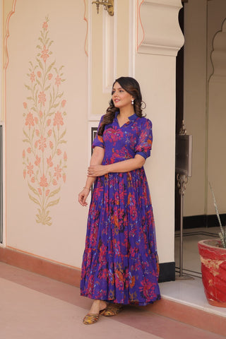 Beautiful Blue Color Faux Georgette Floral Printed Gown
