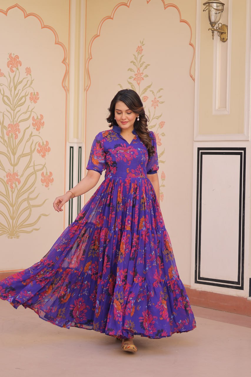 Beautiful Blue Color Faux Georgette Floral Printed Gown