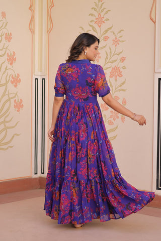 Beautiful Blue Color Faux Georgette Floral Printed Gown