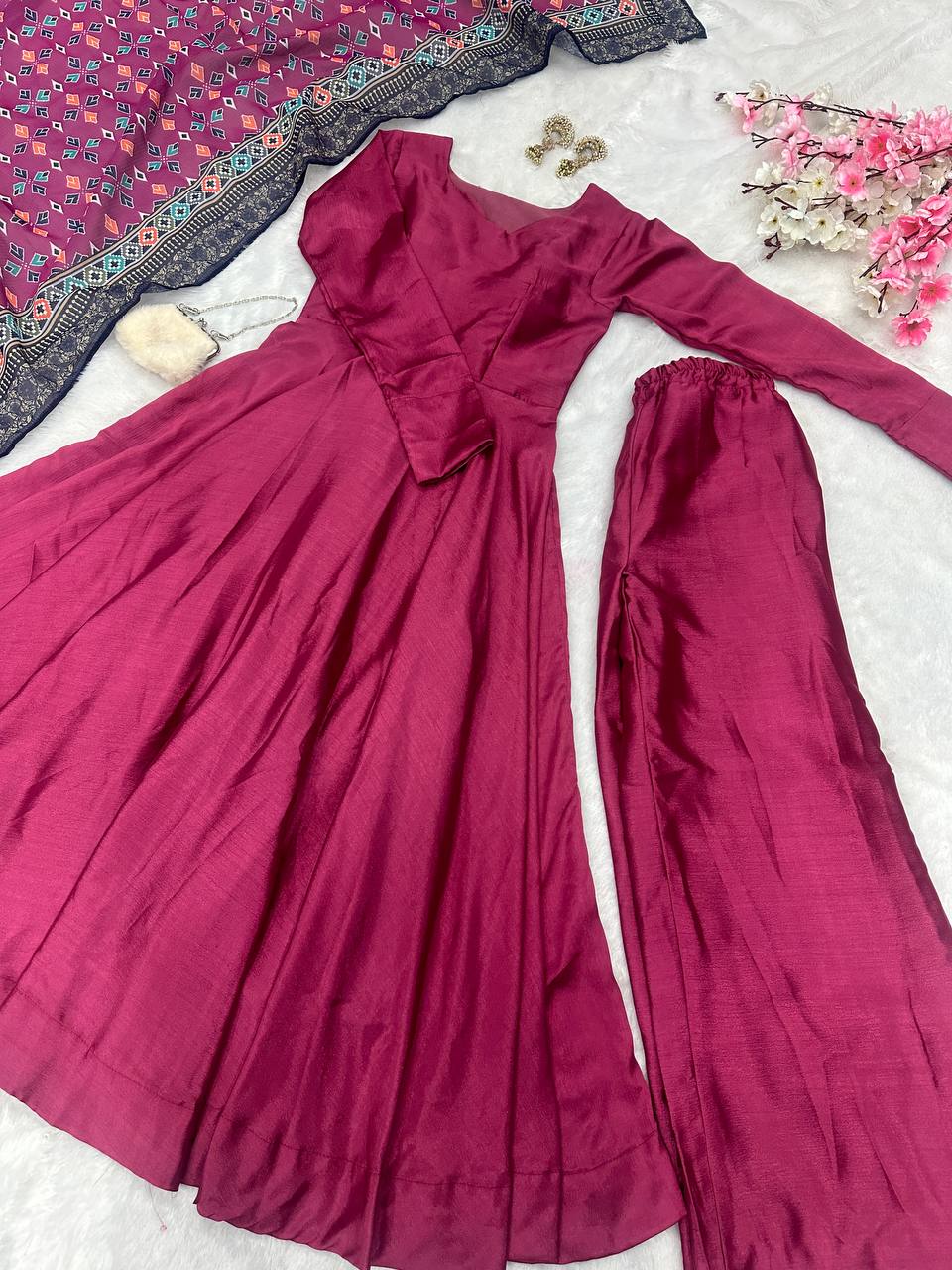 Ceremony Wear Wine Color Designer Chinnon Silk Anarkali Palazzo Suit