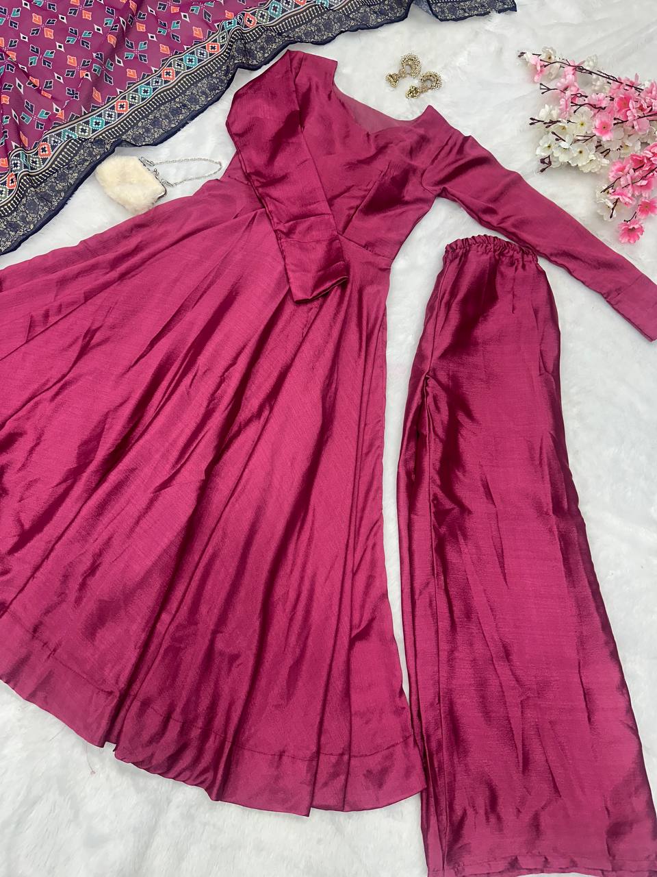 Ceremony Wear Wine Color Designer Chinnon Silk Anarkali Palazzo Suit