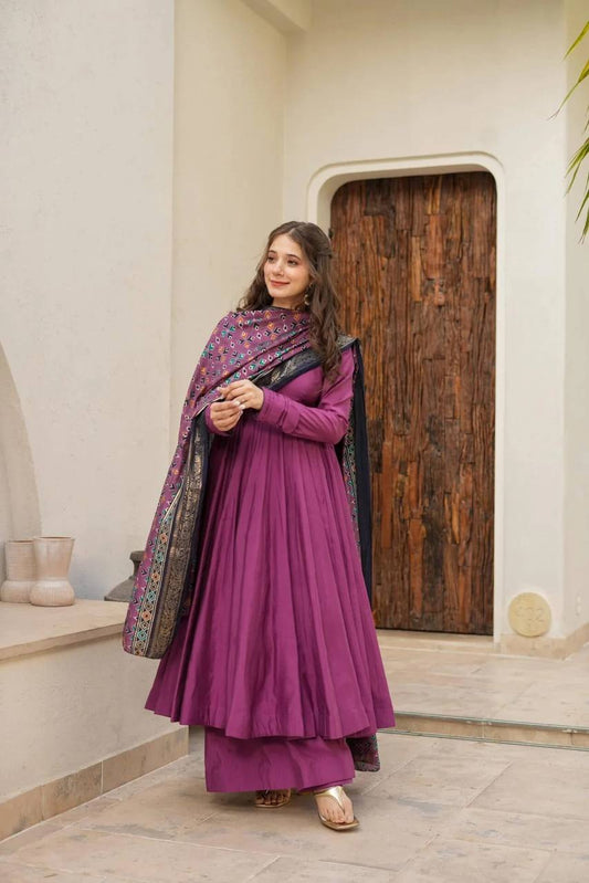 Ceremony Wear Wine Color Designer Chinnon Silk Anarkali Palazzo Suit