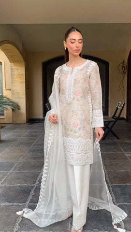 Ceremony Wear Off White Color Embroidery With Printed Designer Salwar Suit