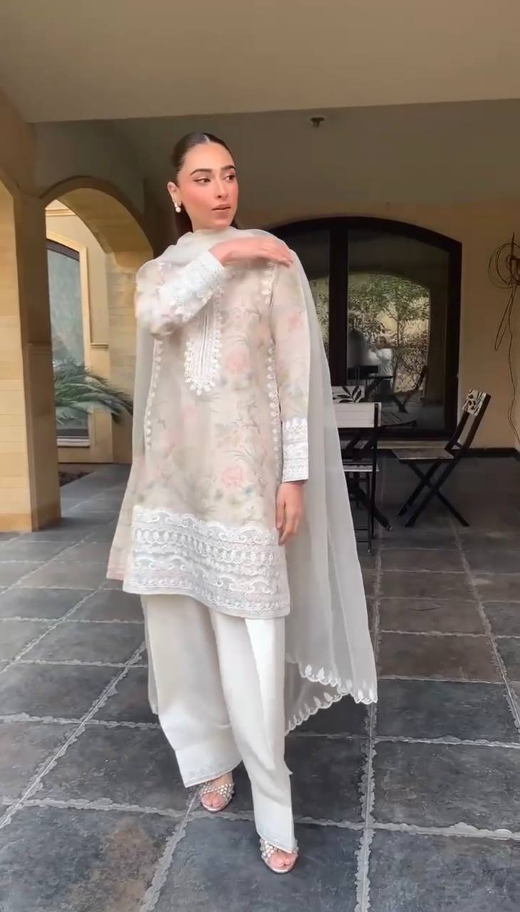 Ceremony Wear Off White Color Embroidery With Printed Designer Salwar Suit
