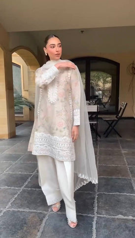 Ceremony Wear Off White Color Embroidery With Printed Designer Salwar Suit