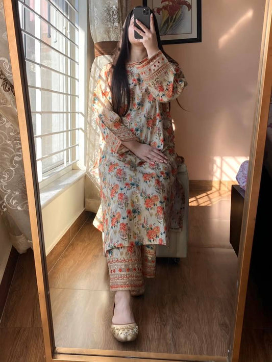 Ceremony Wear Pure Natural Roman Silk Digital Print And Sequin Embroidery Work Co-ord Palazzo Suit