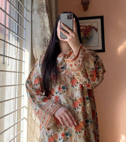 Ceremony Wear Pure Natural Roman Silk Digital Print And Sequin Embroidery Work Co-ord Palazzo Suit