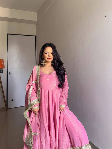 Ceremony Wear Pink Color Soft Chinon Thread Embroidery With Sequins Work Beautiful Gown