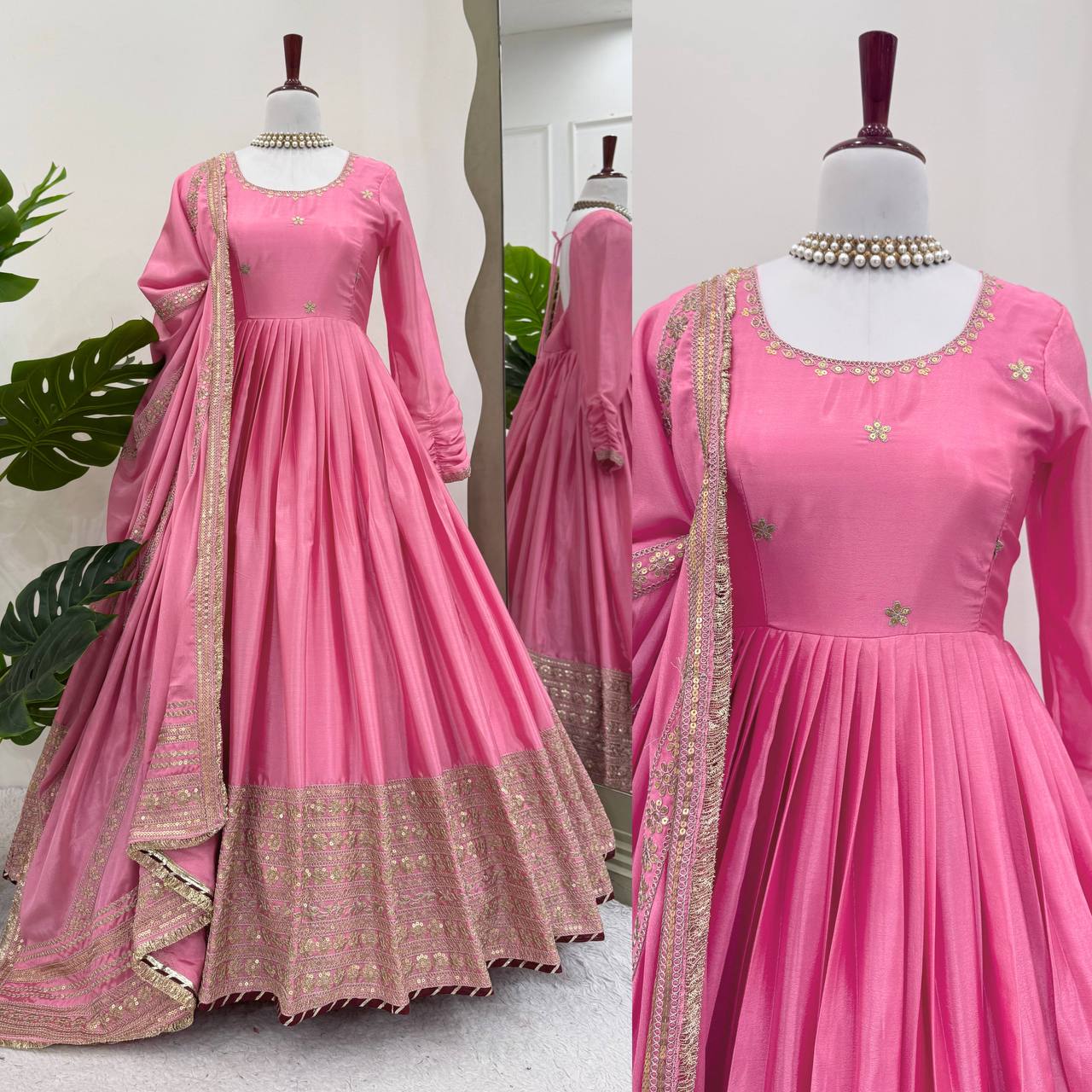 Ceremony Wear Pink Color Soft Chinon Thread Embroidery With Sequins Work Beautiful Gown