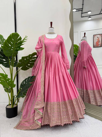 Ceremony Wear Pink Color Soft Chinon Thread Embroidery With Sequins Work Beautiful Gown