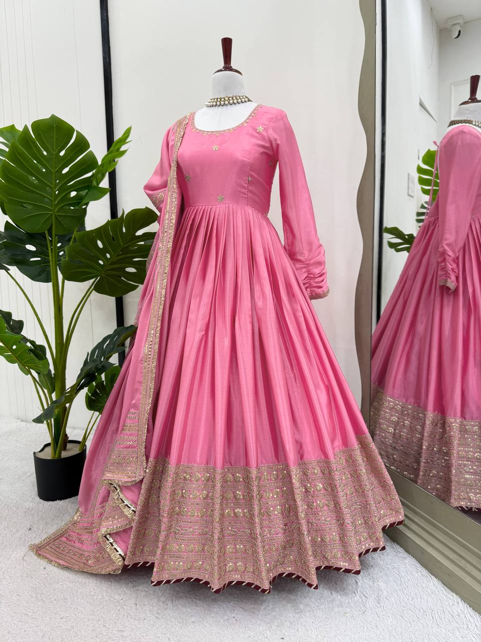 Ceremony Wear Pink Color Soft Chinon Thread Embroidery With Sequins Work Beautiful Gown