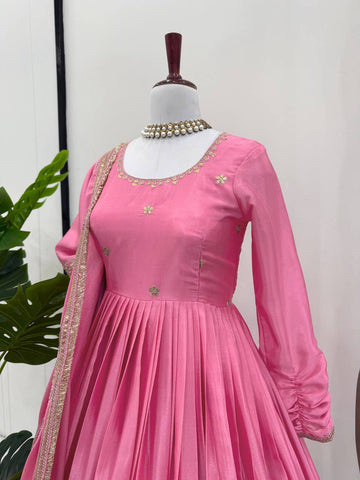 Ceremony Wear Pink Color Soft Chinon Thread Embroidery With Sequins Work Beautiful Gown