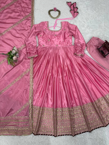 Ceremony Wear Pink Color Soft Chinon Thread Embroidery With Sequins Work Beautiful Gown