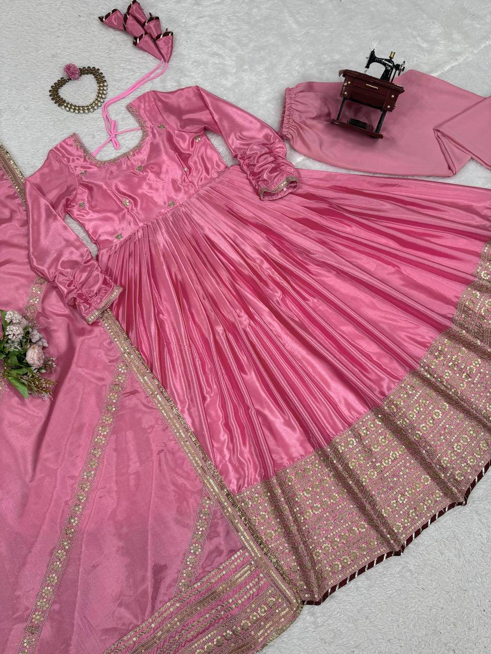 Ceremony Wear Pink Color Soft Chinon Thread Embroidery With Sequins Work Beautiful Gown
