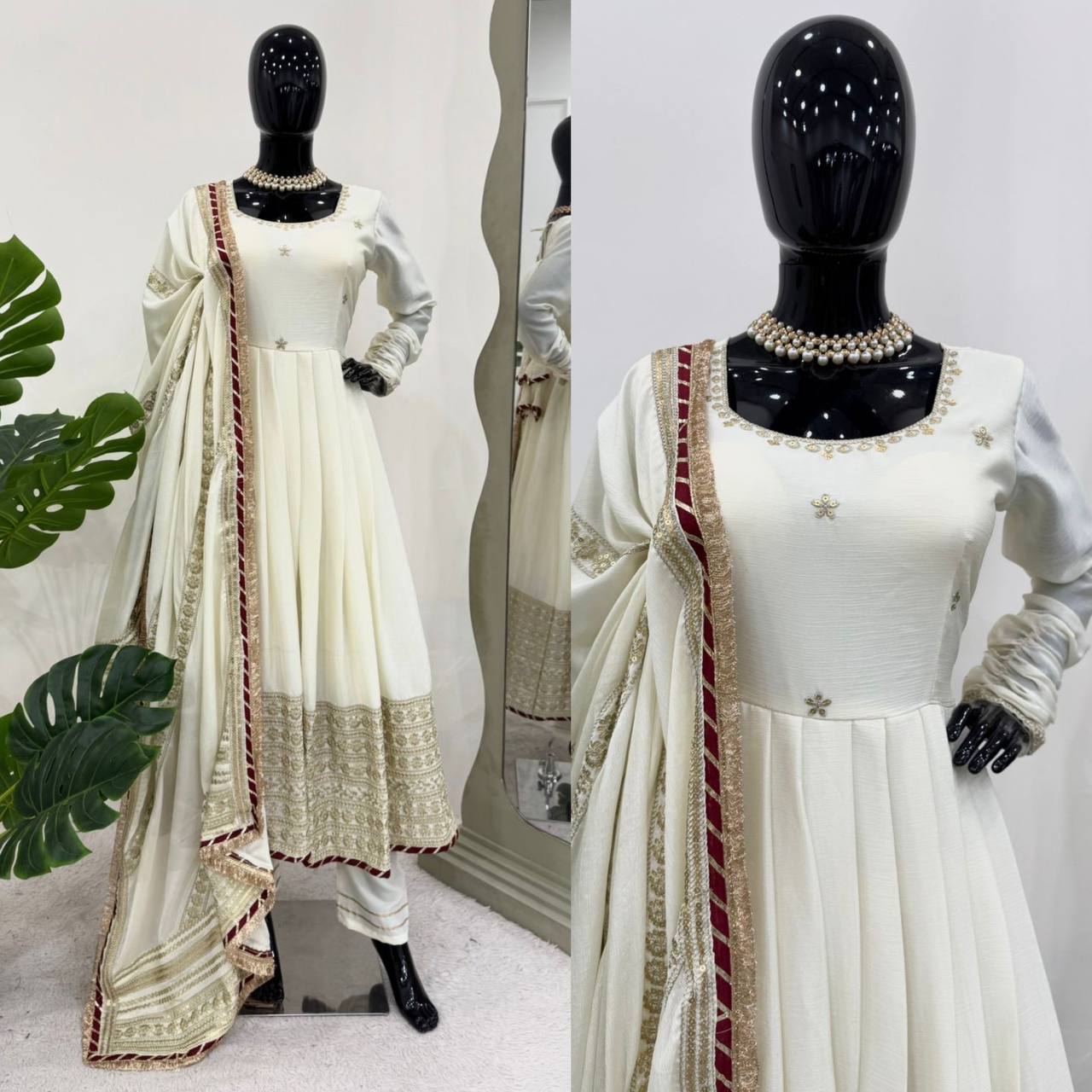 Ceremony Wear Off White Color Soft Chinon Thread Embroidery With Sequins Work Beautiful Gown
