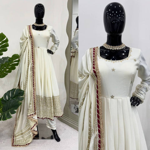 Ceremony Wear Off White Color Soft Chinon Thread Embroidery With Sequins Work Beautiful Gown