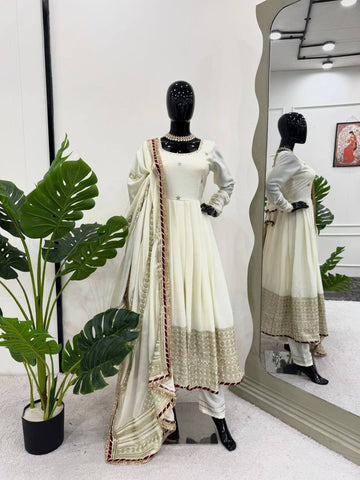 Ceremony Wear Off White Color Soft Chinon Thread Embroidery With Sequins Work Beautiful Gown