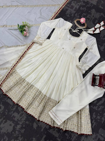 Ceremony Wear Off White Color Soft Chinon Thread Embroidery With Sequins Work Beautiful Gown