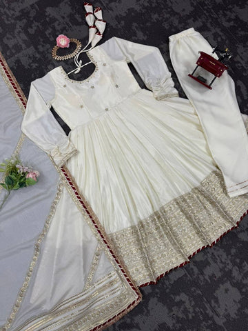 Ceremony Wear Off White Color Soft Chinon Thread Embroidery With Sequins Work Beautiful Gown