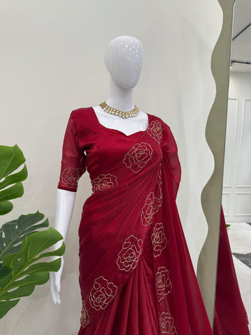 Reception Wear Maroon Color Jimmy Chu Silk With Hand Work Designer Saree