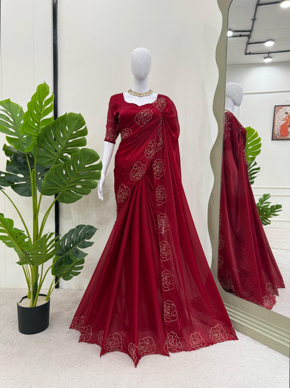 Reception Wear Maroon Color Jimmy Chu Silk With Hand Work Designer Saree