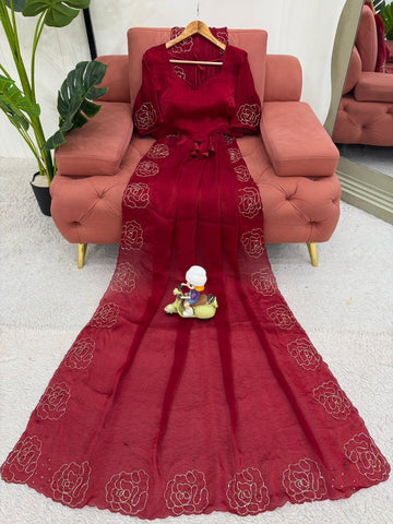 Reception Wear Maroon Color Jimmy Chu Silk With Hand Work Designer Saree