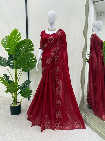 Reception Wear Maroon Color Jimmy Chu Silk With Hand Work Designer Saree