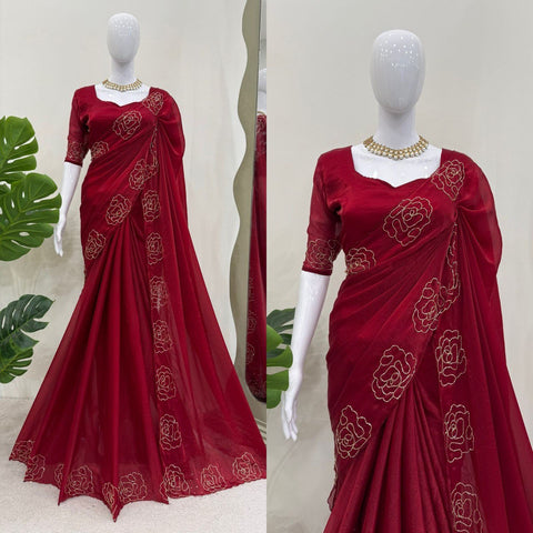 Reception Wear Maroon Color Jimmy Chu Silk With Hand Work Designer Saree