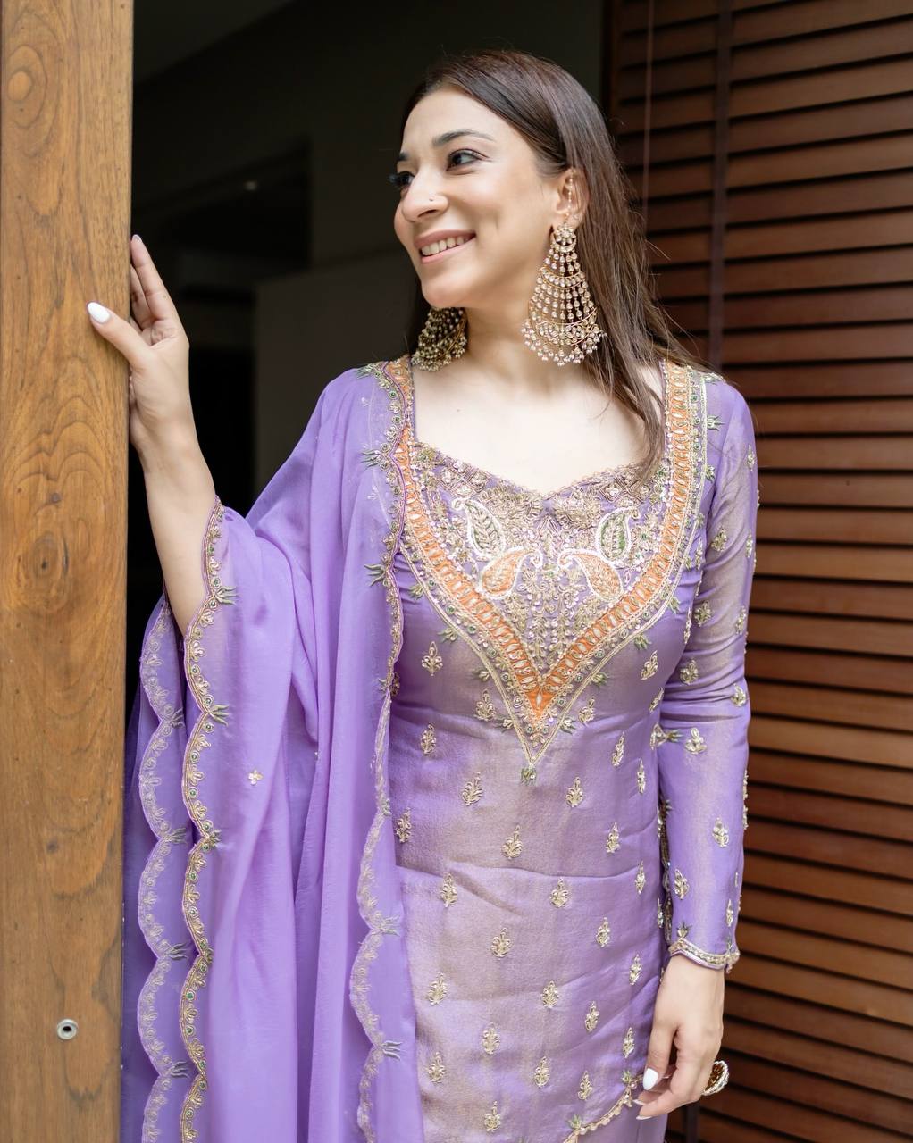 Party Wear Lavender Color Heavy Simar Silk With Embroidery Work Palazzo Suit