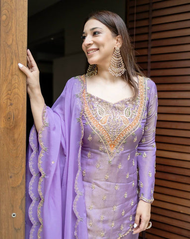 Party Wear Lavender Color Heavy Simar Silk With Embroidery Work Palazzo Suit