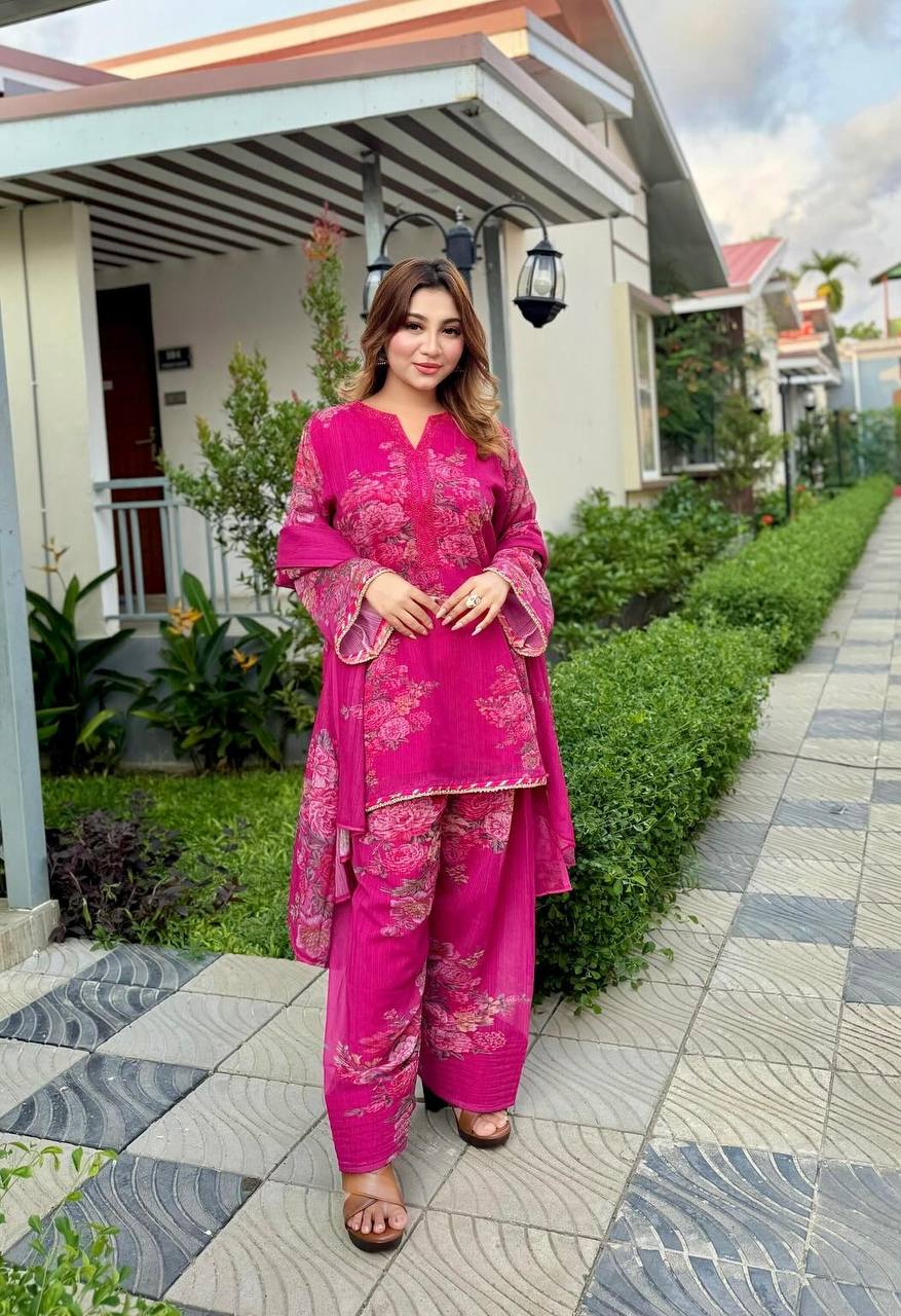 Function Wear Pink Color Pure Faux Georgette With Digital Print Palazzo Suit