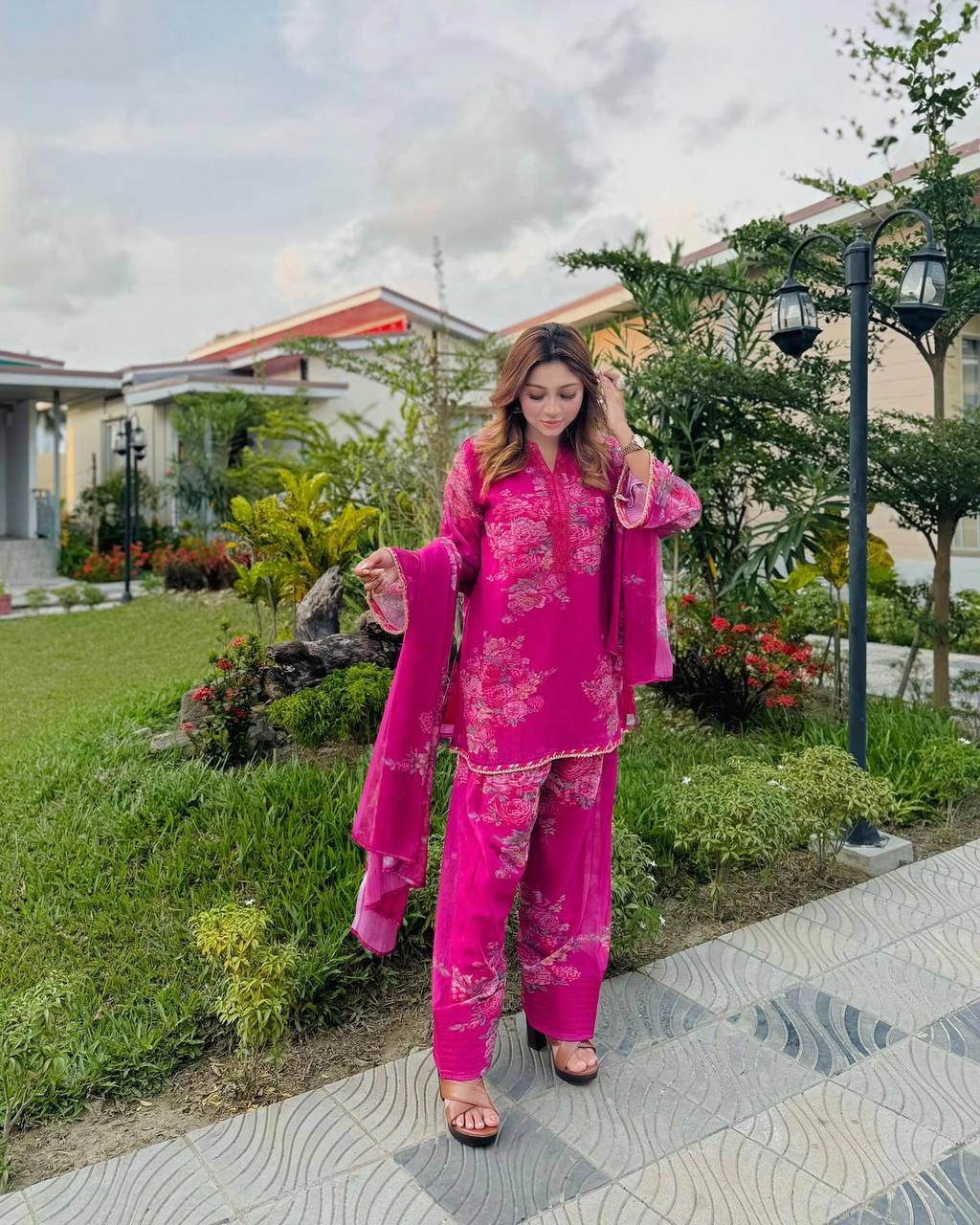 Function Wear Pink Color Pure Faux Georgette With Digital Print Palazzo Suit