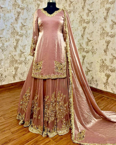 Party Wear Dusty Peach Color Heavy Chinon Silk  Embroidery With Sequins And Pearl With Mirror Work Palazzo Suit