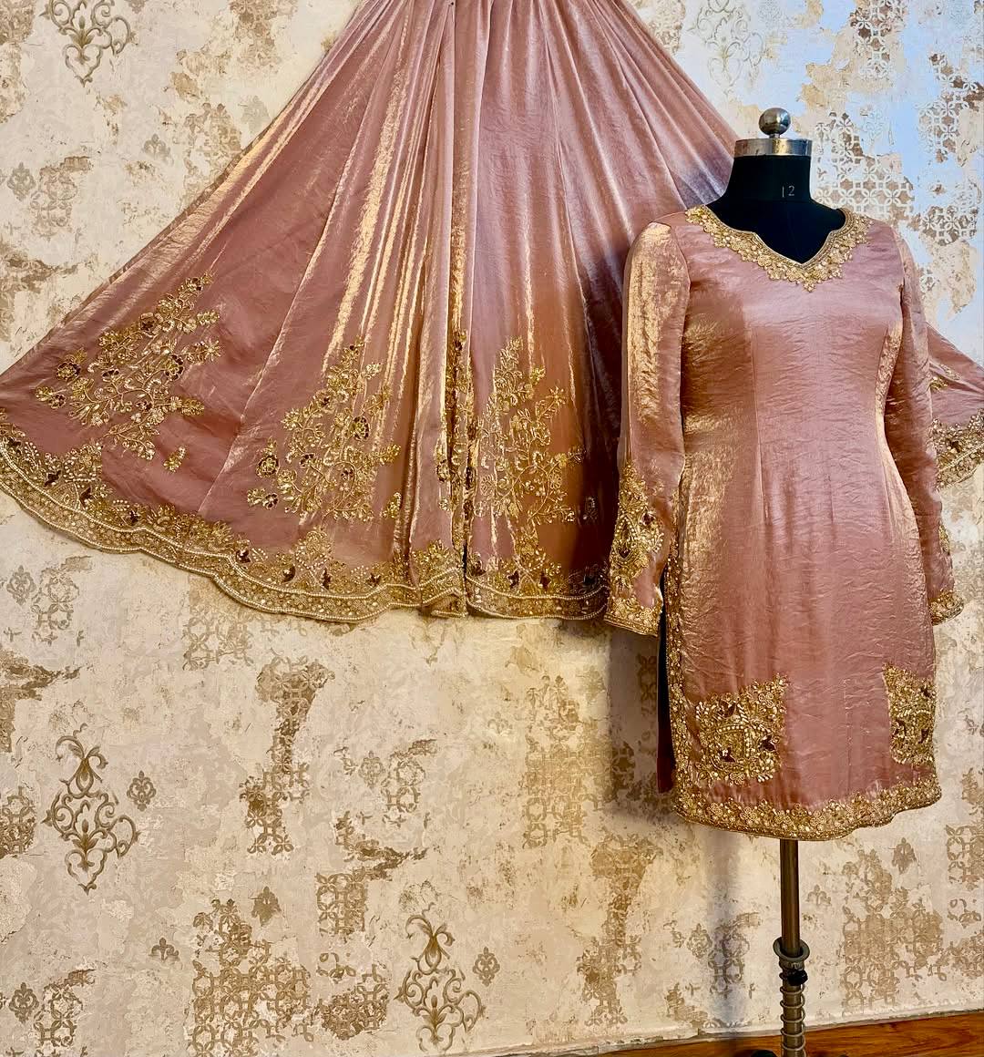 Party Wear Dusty Peach Color Heavy Chinon Silk  Embroidery With Sequins And Pearl With Mirror Work Palazzo Suit