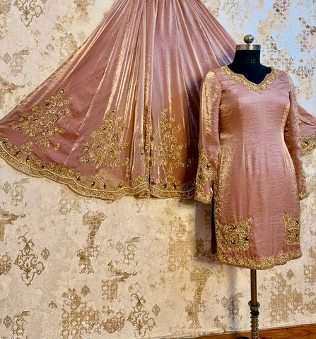 Party Wear Dusty Peach Color Heavy Chinon Silk  Embroidery With Sequins And Pearl With Mirror Work Palazzo Suit