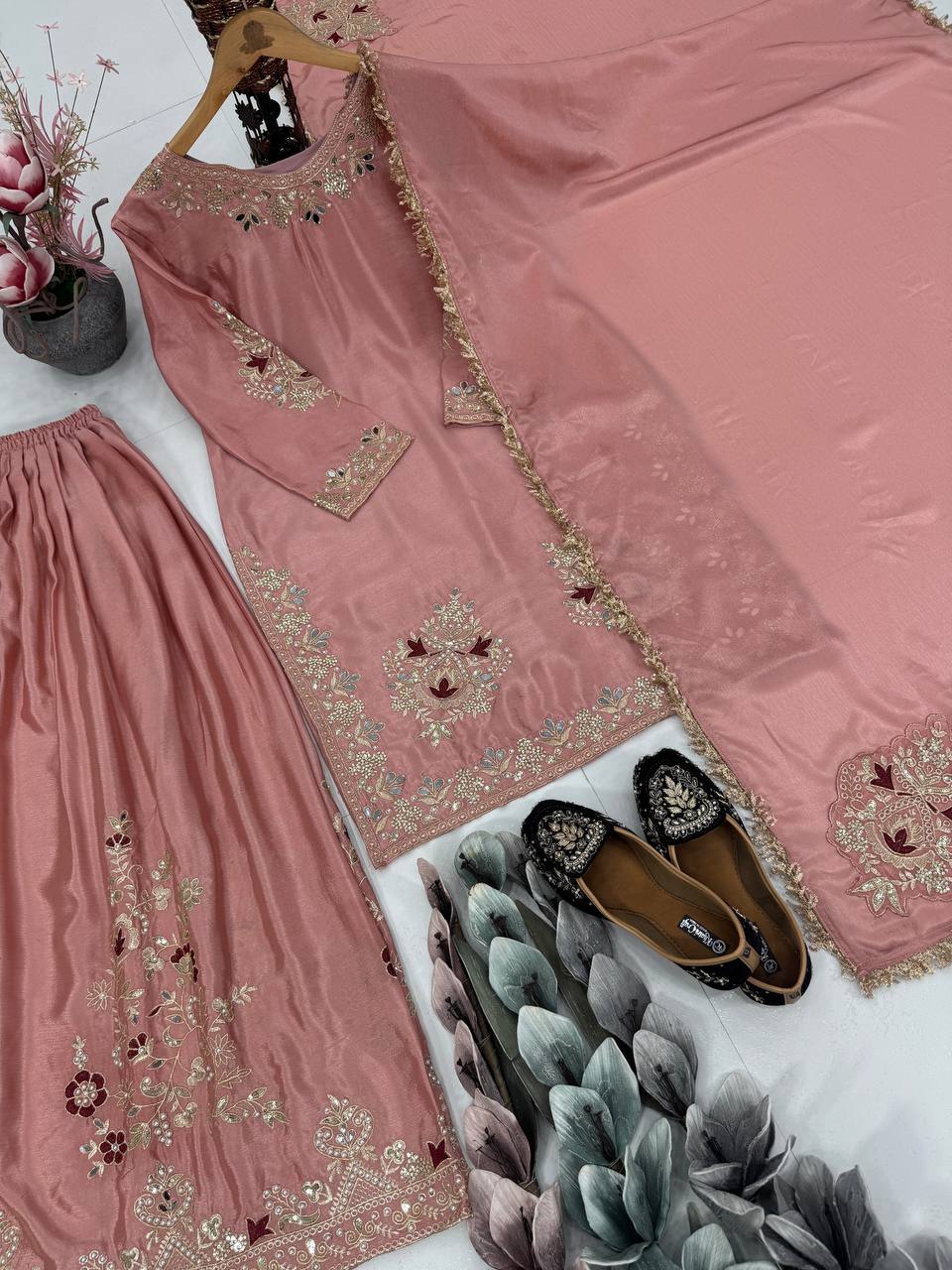 Party Wear Dusty Peach Color Heavy Chinon Silk  Embroidery With Sequins And Pearl With Mirror Work Palazzo Suit