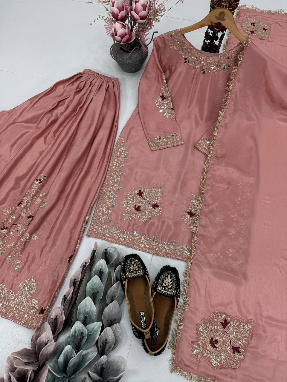 Party Wear Dusty Peach Color Heavy Chinon Silk  Embroidery With Sequins And Pearl With Mirror Work Palazzo Suit
