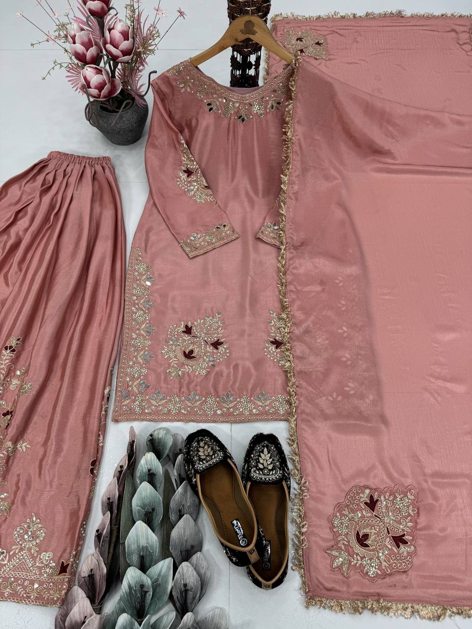 Party Wear Dusty Peach Color Heavy Chinon Silk  Embroidery With Sequins And Pearl With Mirror Work Palazzo Suit