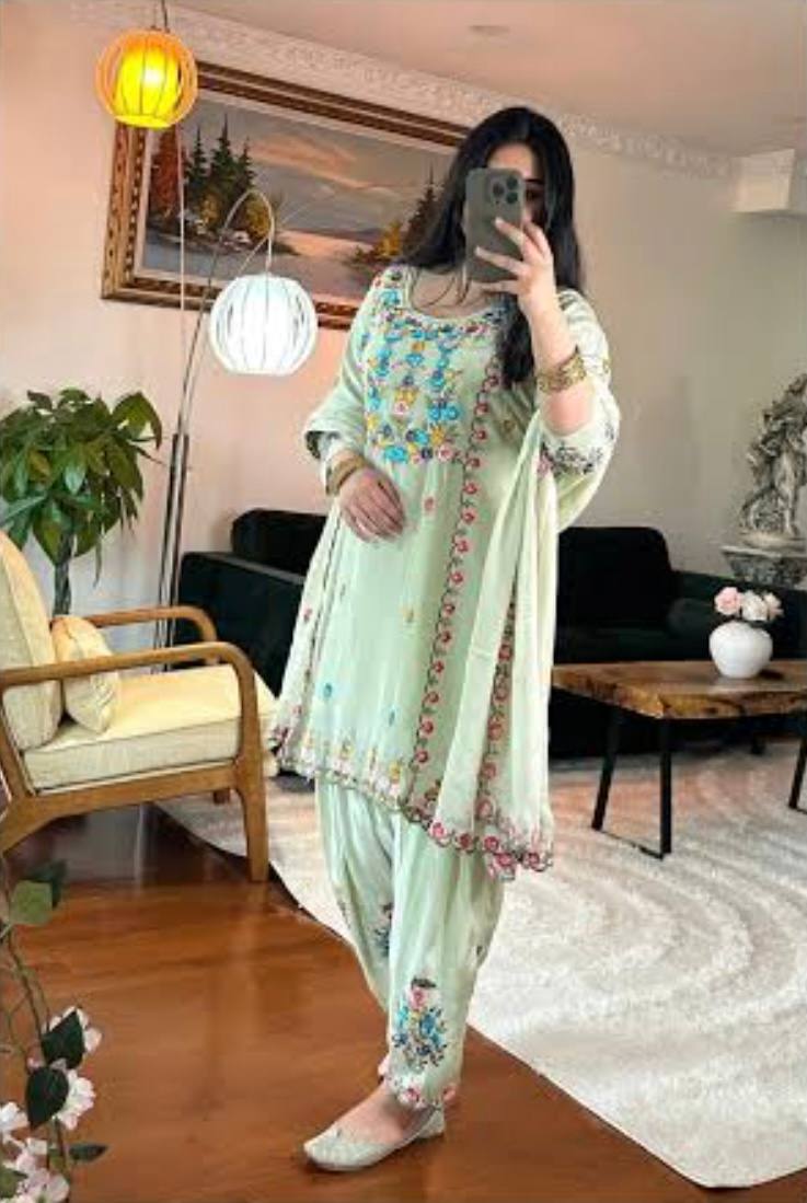 Exclusive Pista Color Beautiful Embroidered Patiyala Salwar Suit