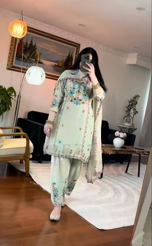 Exclusive Pista Color Beautiful Embroidered Patiyala Salwar Suit