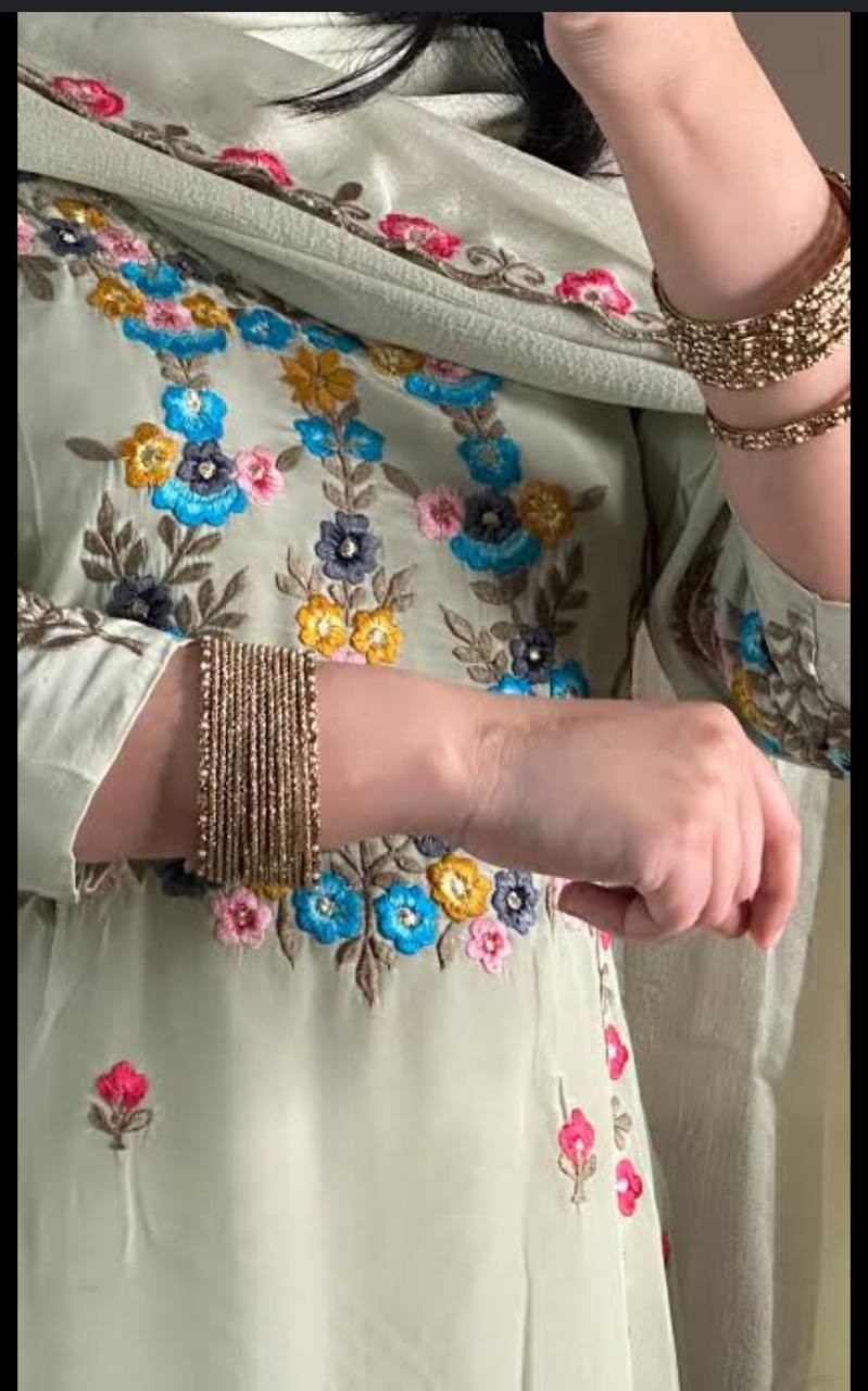 Exclusive Pista Color Beautiful Embroidered Patiyala Salwar Suit