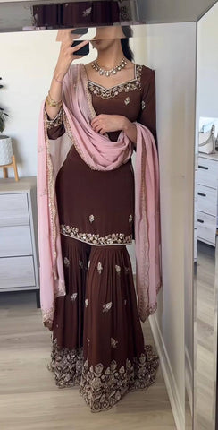Ceremony Wear Brown Color Heavy Faux Georgette With Embroidery Sequin Work Palazzo Sharara Suit