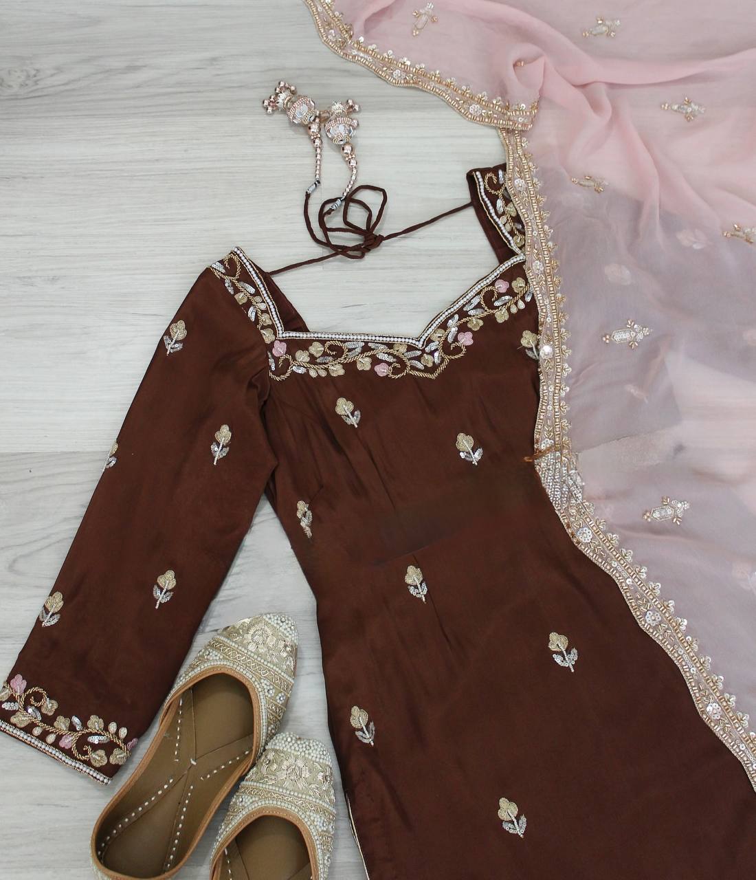 Ceremony Wear Brown Color Heavy Faux Georgette With Embroidery Sequin Work Palazzo Sharara Suit