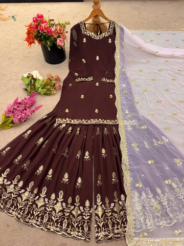 Ceremony Wear Brown Color Heavy Faux Georgette With Embroidery Sequin Work Palazzo Sharara Suit