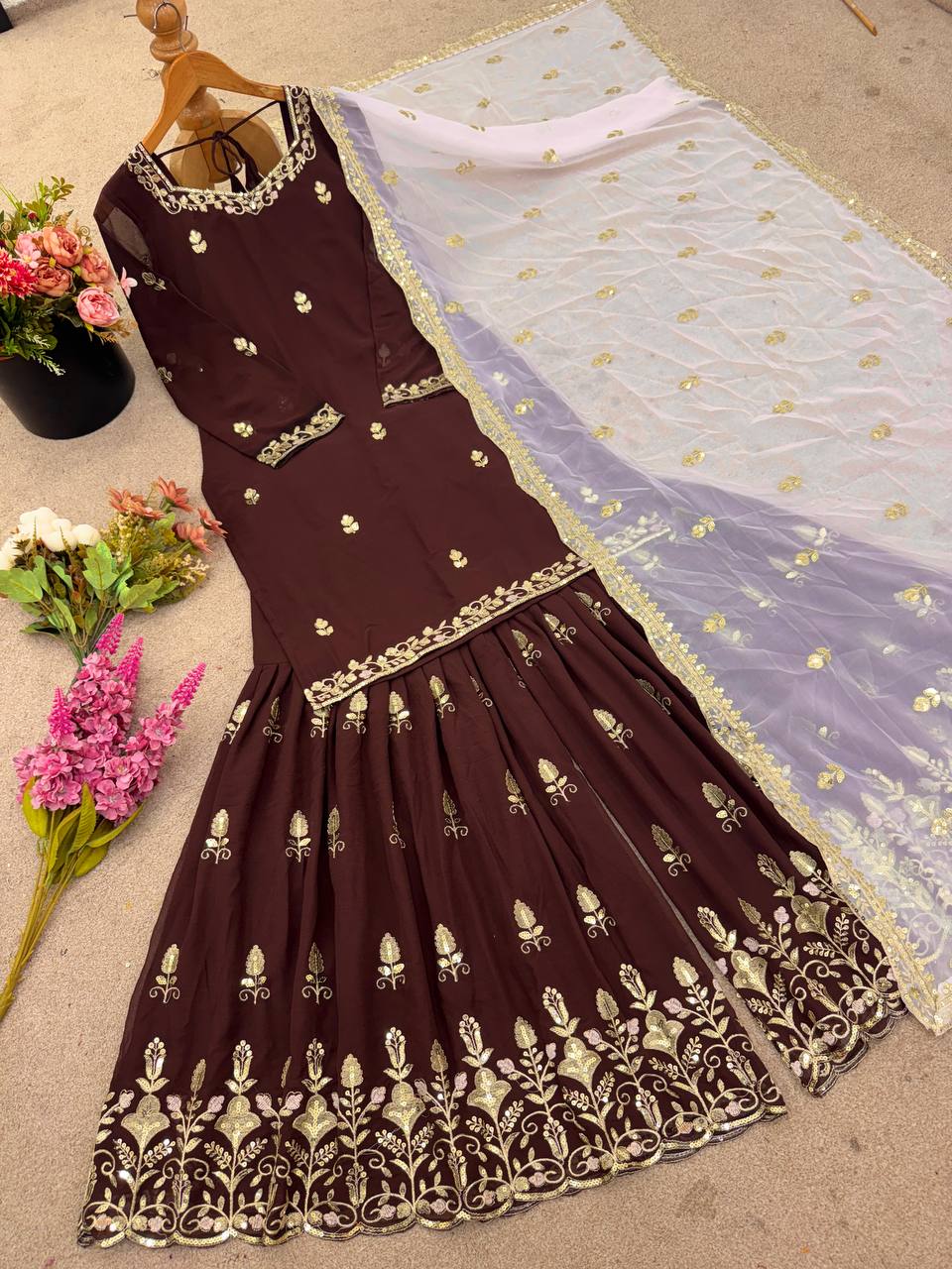 Ceremony Wear Brown Color Heavy Faux Georgette With Embroidery Sequin Work Palazzo Sharara Suit