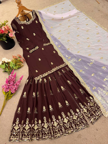 Ceremony Wear Brown Color Heavy Faux Georgette With Embroidery Sequin Work Palazzo Sharara Suit