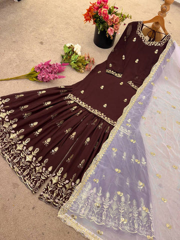 Ceremony Wear Brown Color Heavy Faux Georgette With Embroidery Sequin Work Palazzo Sharara Suit