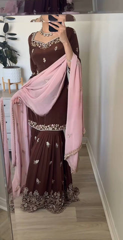 Beautiful Natural Crepe Brown Color Sequins Embroidered Work Wedding Wear Sharara Set With Fancy Dupatta
