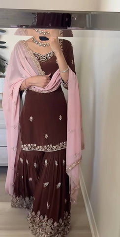 Beautiful Natural Crepe Brown Color Sequins Embroidered Work Wedding Wear Sharara Set With Fancy Dupatta