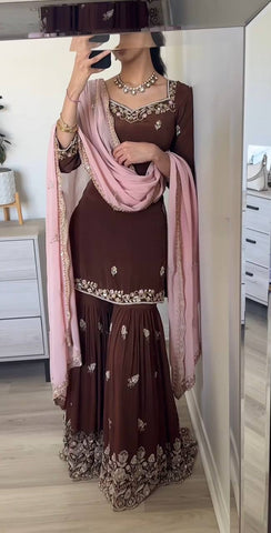 Beautiful Natural Crepe Brown Color Sequins Embroidered Work Wedding Wear Sharara Set With Fancy Dupatta